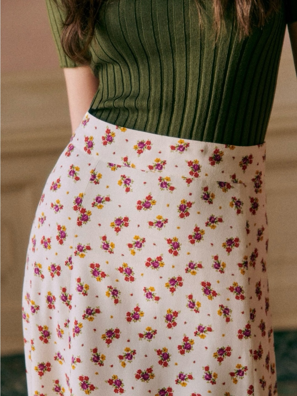 Sezane Tabata Flowy Midi Skirt in Mindy Print with Side Slit with in EU 44 US 12